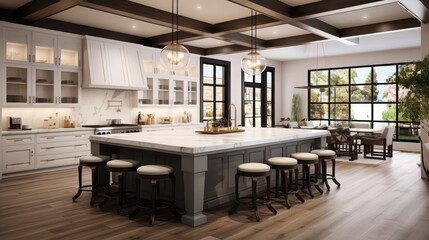 Fototapeta na wymiar beautiful kitchen interior with white marble and granite white glass front cabinets eating counter bar stools appliances hardwood floors wooden beams wrought iron light fixtures spacious and lived in