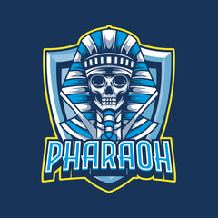 Vector Illustration Skull wearing traditional egyptian costume with PHARAOH text Esport logo