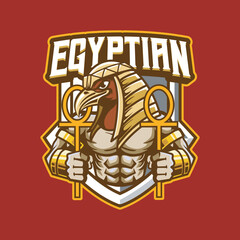 Vector Illustration Crow wearing traditional egyptian costume carrying egyptian symbols with EGYPTIAN text Esport logo
