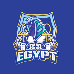 Vector Illustration Crow wearing traditional egyptian costume carrying egyptian symbols with EGYPT text Esport logo