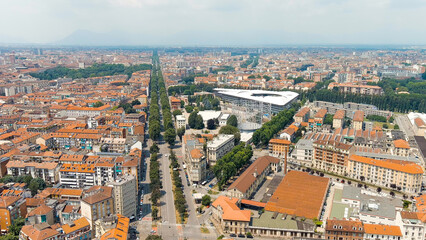 Fototapeta na wymiar Turin, Italy. Corso Regina Margherita street. Panorama of the city. Summer day, Aerial View