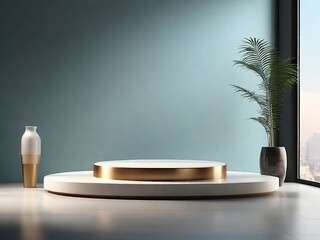 Free Photo 3d render of golden podium for product presentation with shadow on the wall 