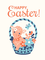 Adorable hand drawn greeting card for a joyful Easter with lamb in a basket. Vector vertical banner or postcard. Spring Happy Easter concept.