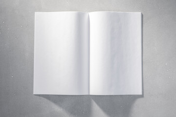 Open book or magazine with unmarked, white pages laying flat on textured gray background. Soft,...