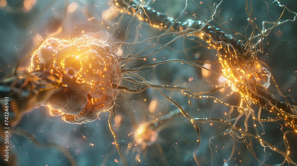 Poster nano ai robots working with neurons to enhance the brain and nervous system performance, futuristic 