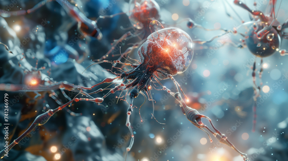 Poster nano ai robots working with neurons to enhance the brain and nervous system performance, futuristic 