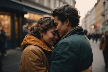 Fototapeta premium two people hugging on the street. International hug day concept 
