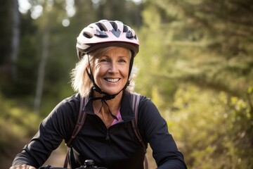 Portrait of senior woman riding bicycle in the forest. Active lifestyle.