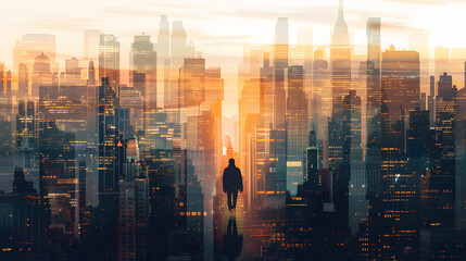 A person's silhouette is superimposed on a cityscape, The cityscape a bustling metropolis, The person's silhouette could be in the foreground with the cityscape in the background. - obrazy, fototapety, plakaty
