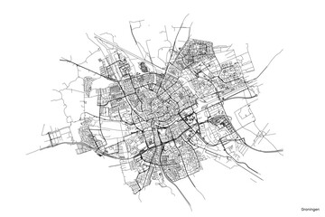 Groningen city map with roads and streets, Netherlands. Vector outline illustration.