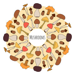 Cute doodle autumn mandala with  colored abstract mushrooms, isolated on white background. Hand drawn vector illustration for design card, posters. Decorative round frame element in orange colors.