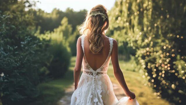 Beautiful bride in white wedding dress posing in the garden at sunset.