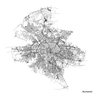 Bucharest city map with roads and streets, Romania. Vector outline illustration.