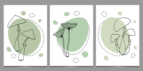 Cute doodle minimalistic posters with abstract mushrooms with green spots, on white background. Hand drawn vector illustration for design posters, notebook covers. Decorative print elements.