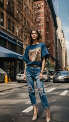 Ultra realistic full body photo of petite  italian female model  modeling upscale dolman sleeve travel inspired grunge denim outfit with cool  elements  in new york - obrazy, fototapety, plakaty