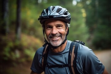 Portrait of a smiling senior man with bicycle helmet in the forest - Powered by Adobe