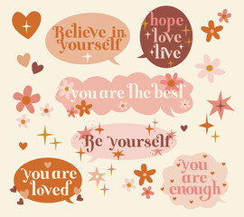 Set of inspirational speech bubbles for self love.