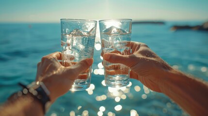 Two people holding glasses of water in front of the ocean