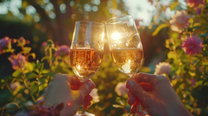 Two people holding wine glasses in front of flowers