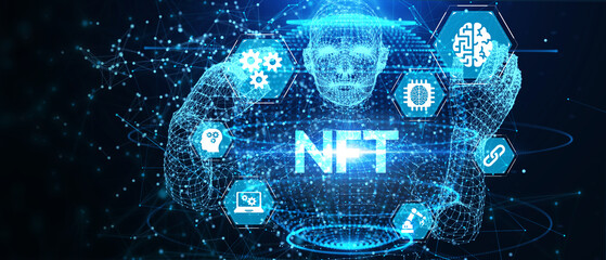 NFT Non-fungible token digital crypto on virtual screen. 3d illustration - obrazy, fototapety, plakaty