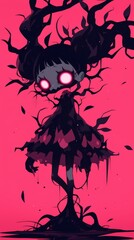 Fototapeta premium A girl with red eyes standing in front of a tree