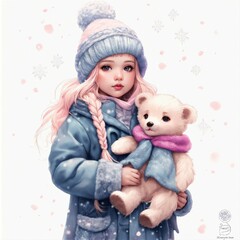 full body of a realistic  sweetness Baby chibi Girl  winter freckled two  braids in her long white blonde hair  she is playing  in a enchanted winter  magic garden , Clipart digital art style,  pink c