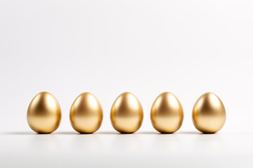 Golden easter eggs in a row on white background
