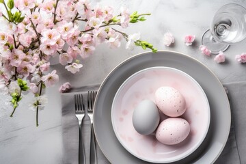 Festive Easter breakfast with colored pink and gray eggs on a gray background