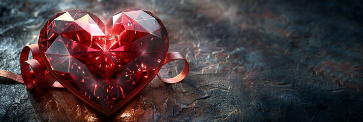    Crystal heart and red diamond symbolizing love because it is a very resistant stone and of incomparable hardness it has become the symbol of durability and constancy for eternal love   - obrazy, fototapety, plakaty