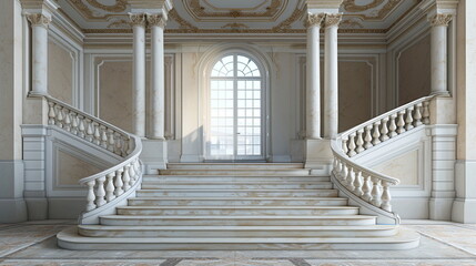 ornate staircase at luxury Victorian villa, daylight, architecture, white interior, realistic