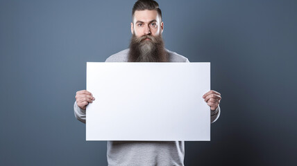 Portrait of confident bearded man is holding white mockup poster isolated on grey background.

