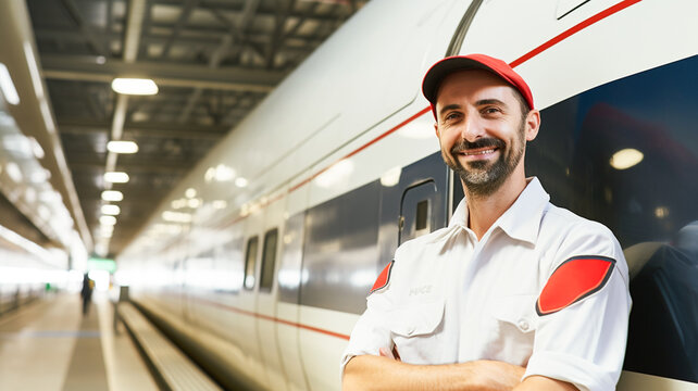 Train driver posing in front of high speed train. Transportation concept.

