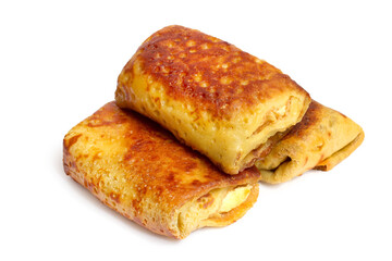 Homemade stuffed pancakes isolated on white background. Close-up of pancakes.