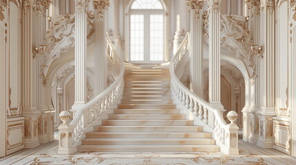ornate staircase at luxury Victorian villa, daylight, architecture, white interior, realistic - obrazy, fototapety, plakaty