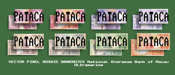 Vector set of pixel mosaic banknotes of National Overseas Bank of Macau. Ultramarine. Collection of notes in denominations of 10, 20, 50, 100, 500 and 1000 patacas. Play money or flyers. - obrazy, fototapety, plakaty