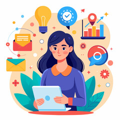 Social Media Marketing Illustration: Businesswoman Engaging in Dynamic Business Activities, Woman Leading a Marketing Project, Driving Success with Vision and Strategy - Business Vector Illustration