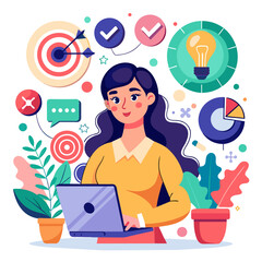 Social Media Marketing Illustration: Businesswoman Engaging in Dynamic Business Activities, Woman Leading a Marketing Project, Driving Success with Vision and Strategy - Business Vector Illustration