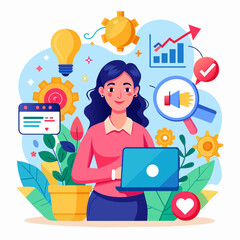 Social Media Marketing Illustration: Businesswoman Engaging in Dynamic Business Activities, Woman Leading a Marketing Project, Driving Success with Vision and Strategy - Business Vector Illustration