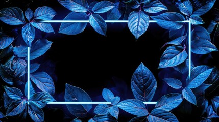  Black Background with Neon Rectangle Frame and Monstera Leaves, Generative AI