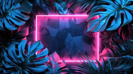  Black Background with Neon Rectangle Frame and Monstera Leaves, Generative AI