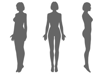 ショートボブの女性の人体ボディパーツのシルエットセット  全身正面 斜め前 後ろ 横向きのイラスト バリエーション