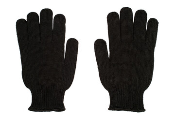 Black knitted gloves isolated on white background. Close-up of a pair of gloves.
