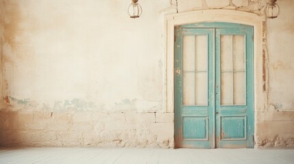 The dilapidated wall of the building and the wooden door require major repairs. Facade of a house with damaged plaster. Photophone for retro shooting. Illustration for cover, card, interior design.