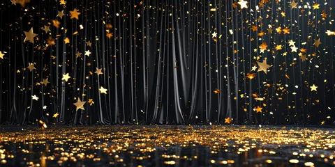 Foto op Plexiglas graduation class background award party banner with copy space, empty stage with black curtain and falling gold stars, product presentation product display podium or platform © annaspoka