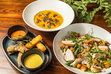 Starter, soup and salad Hotel food. Delicious restaurant dishes. Several options.