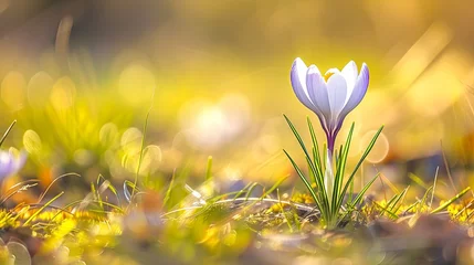 Foto op Plexiglas Close-up of delicately purple crocus flowers in a bouquet. Spring flowers growing in nature or gallery. Illustration for cover, postcard, greeting card, interior design, poster, brochure, presentation © Login