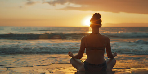 Young woman practicing yoga on the beach at sunrise. Concept of healthy lifestyle and relaxation.