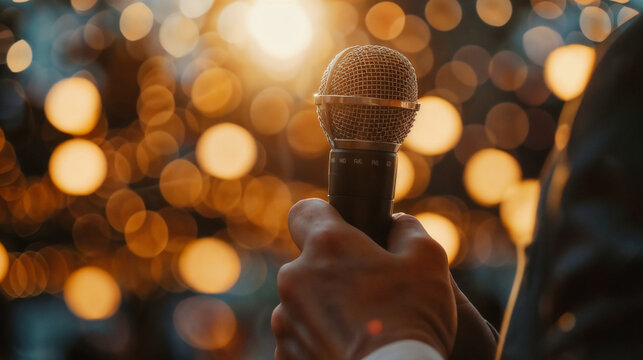 Confident Business Man Addressing Audience in Warmly Lit Indoor Setting Holding Microphone, Depth of Field Effect Highlighting Selective Focus.