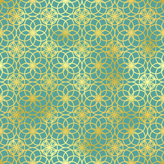 Arabic style seamless pattern. Vector shiny gold oriental ornament on green background. Islamic traditional texture for backgrounds, wallpapers, textile patterns, decoration.