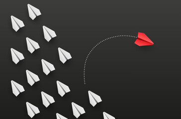 Individuality concept. Individual and unique leader red paper plane flies to the side. Vector